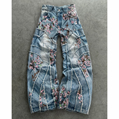 只做美式 复古 复古水洗牛仔阔腿裤 90s90s90s 同款 粉樱枝蔓设计感