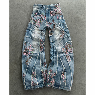 90s90s90s 只做美式复古！复古水洗牛仔阔腿裤同款粉樱枝蔓设计感