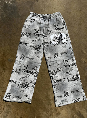 y2k hoodie~工装风涂鸦印花直筒裤女宽松街头长裤灰色自然腰百搭