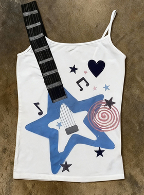 y2k hoodie~朋克摇滚吉他印花吊带背心女白色辣妹设计感个性背心