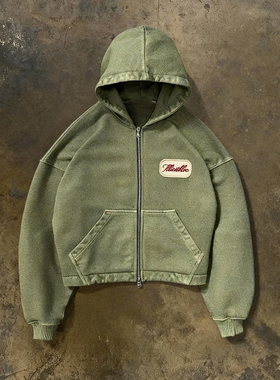 y2k hoodie~美式复古连帽拉链卫衣男女同款宽松开衫情侣外套绿色