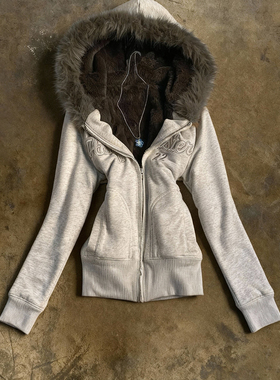 y2k hoodie~美式复古毛领连帽卫衣女加绒辣妹风拉链开衫外套灰色