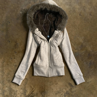 复古毛领连帽卫衣女加绒辣妹风拉链开衫 美式 外套灰色 hoodie y2k