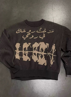 y2k hoodie~美式艺术生风字母提花圆领毛衣女长袖宽松慵懒针织衫