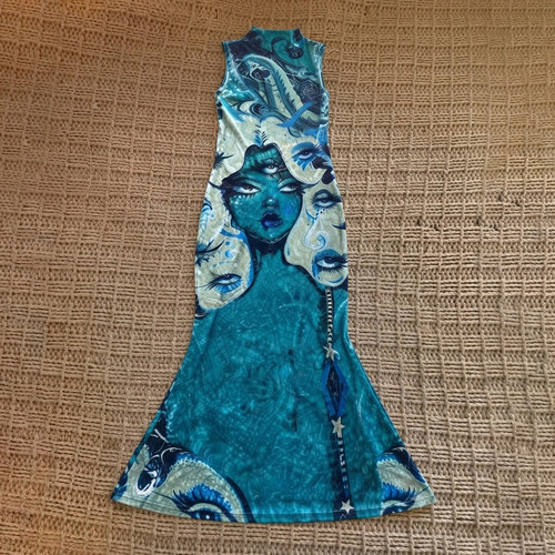 亚文化复古vintage无袖动物印花改良旗袍女中长裙修身透气连衣裙