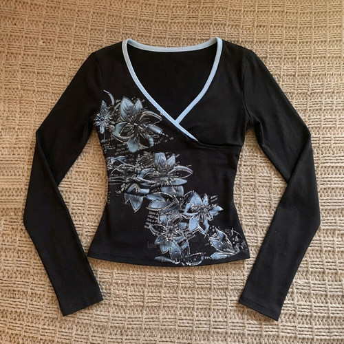 美式vintage复古辣妹风撞色V领花卉印花长袖T恤女修身复古y2l上衣