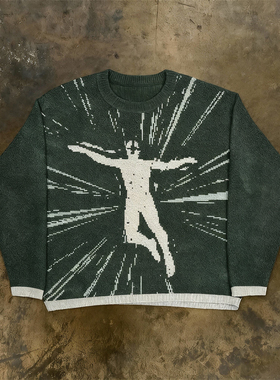 y2k hoodie~复古街头风圆领毛衣男女绿色印花长袖针织衫潮流上衣