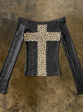 y2k hoodie~酷感亚比风豹纹十字架长袖T恤女露肩显瘦个性印花上衣