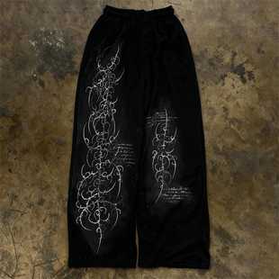 街头休闲裤 y2k 女宽松设计感黑色长裤 轻朋克风阔腿卫裤 hoodie美式