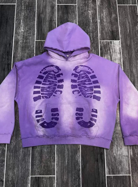y2k hoodie~美式复古紫色卫衣男女宽松连帽骷髅骨骼印花长袖上衣