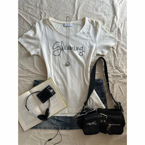 美式复古 Gleaming 闪粉字母印花短袖T恤女Y2K辣妹风修身显瘦上衣