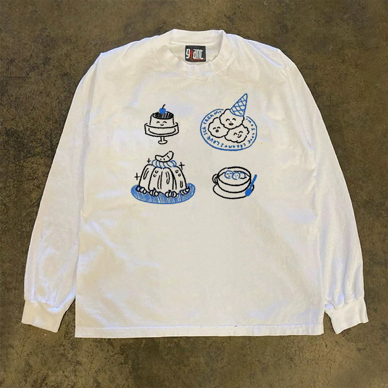 90s90s90s 原创重磅260克纯棉！小小甜品新款宽松潮情侣款长袖T恤