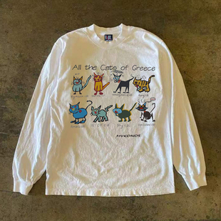 T恤街头上衣潮 涂鸦猫咪oversize长袖 90s90s90s 300克重磅纯棉