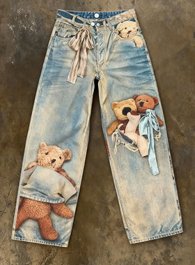 y2k hoodie~美式复古小熊印花直筒牛仔裤女蓝色绑带百搭长裤潮流