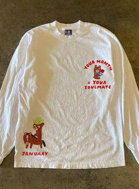 y2k hoodie~美式小众卡通印花长袖T恤男女情侣装白色圆领纯棉上衣