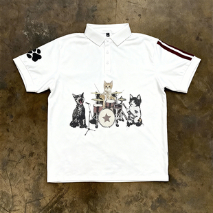 y2k猫咪摇滚乐队没事复古短袖polo衫T恤上衣白色宽松街头穿搭夏季