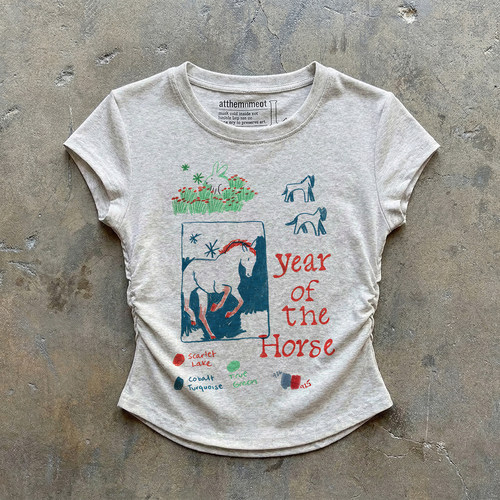 马年限定！手绘白马兔子印花T恤侧边抽绳收腰 美式复古短款上衣女