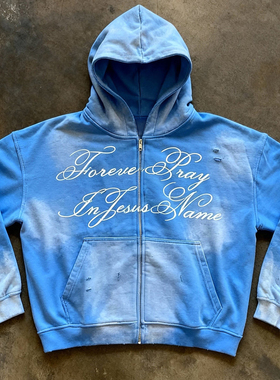 y2k hoodie美式街头风连帽拉链卫衣男女情侣宽松字母印花蓝色外套