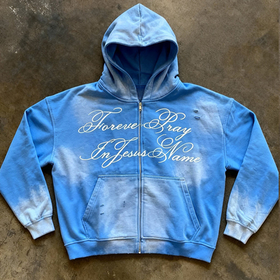 y2k hoodie美式街头风连帽拉链卫衣男女情侣宽松字母印花蓝色外套