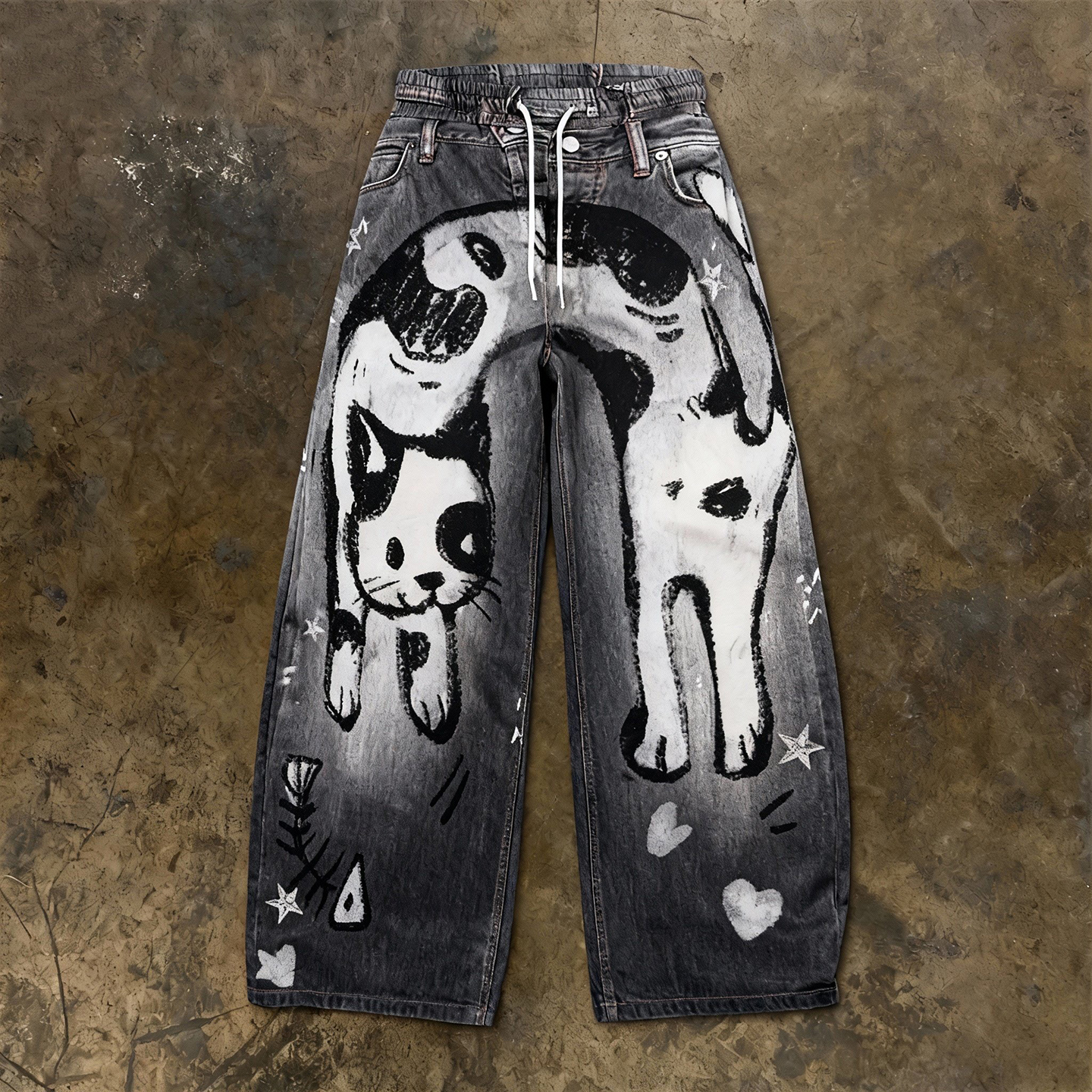 y2k hoodie~美式小众涂鸦风猫咪印花牛仔裤男女宽松阔腿弯刀长裤