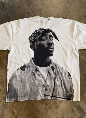 y2k hoodie~美式嘻哈风男士印花T恤短袖纯棉宽松街头休闲白色上衣