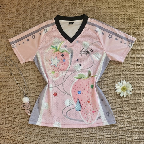韩系复古小众草莓星星y2l短袖 T恤女夏V领撞色设计感宽松辣妹上衣
