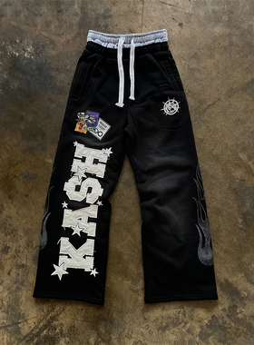 y2k hoodie~美式小众嘻哈风假两件阔腿卫裤男黑色抽绳运动裤潮冬