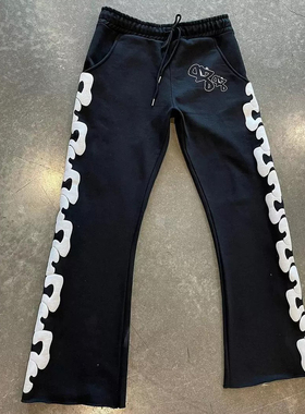 y2k hoodie街头休闲风黑色印花卫裤女宽松直筒长裤高腰抽绳运动裤