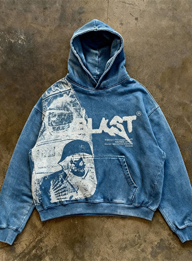 y2k hoodie~美式街头风复古字母印花连帽卫衣男宽松休闲上衣蓝色