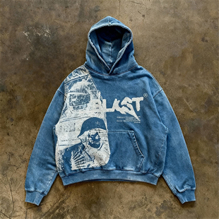 街头风复古字母印花连帽卫衣男宽松休闲上衣蓝色 美式 y2k hoodie