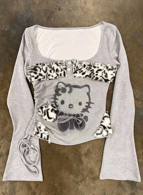 y2k hoodie~美式复古小众豹纹拼接长袖T恤女灰色抽绳修身辣妹上衣
