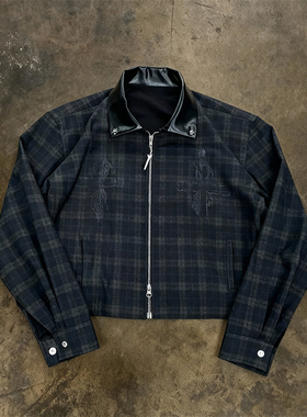 y2k hoodie~美式复古哈灵顿夹克男女老钱风格纹翻领拉链短外套冬