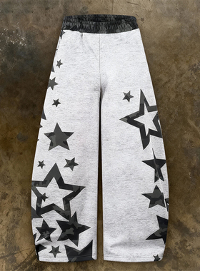y2k hoodie美式街头风星星印花阔腿卫裤女宽松灰色高腰长裤高街风