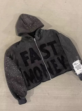 美式小众y2k嘻哈风字母印花连帽开衫卫衣男女宽松潮流高街风黑色