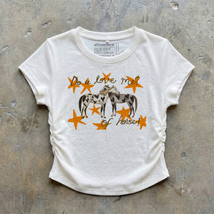 美式 T恤女辣妹抽绳收腰修身 短款 上衣 复古爱心斑点马星星印花短袖