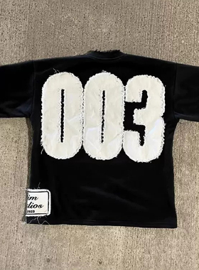 y2k hoodie~嘻哈风短袖贴布T恤男女同款宽松oversize潮牌黑色体恤