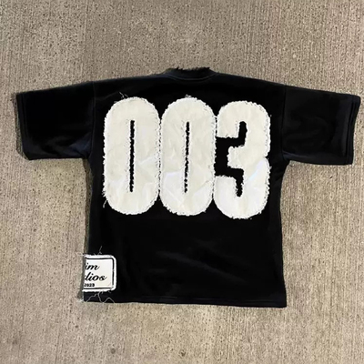 y2k hoodie~嘻哈风短袖贴布T恤男女同款宽松oversize潮牌黑色体恤