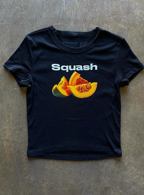 美式复古重磅纯棉小众原创不撞款~Squash南瓜印花正肩短款T恤上衣