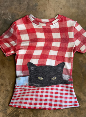 y2k hoodie~美式复古格子黑猫印花短袖T恤宽松辣妹上衣夏日可爱风