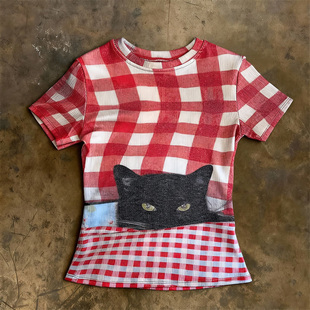 复古格子黑猫印花短袖 美式 T恤宽松辣妹上衣夏日可爱风 hoodie y2k