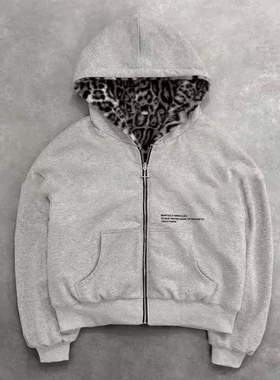y2k hoodie~美式复古小众灰色连帽卫衣女豹纹双面穿开衫宽松上衣