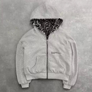 y2k hoodie~美式复古小众灰色连帽卫衣女豹纹双面穿开衫宽松上衣