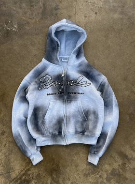 y2k hoodie美式街头风连帽拉链卫衣男女情侣宽松字母印花蓝色外套