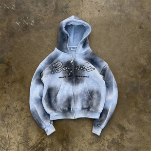 y2k 街头风连帽拉链卫衣男女情侣宽松字母印花蓝色外套 hoodie美式