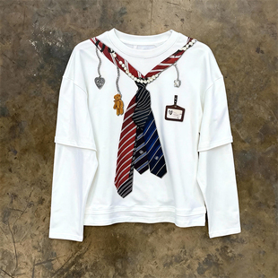 学院风领带印花假两件长袖 美式 T恤男女宽松设计感上衣 hoodie y2k