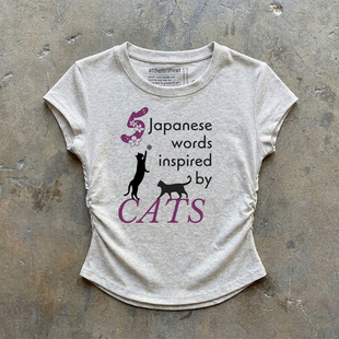 日系猫咪印花抽绳短袖 复古辣妹修身 显瘦短款 圆领上衣女 T恤女美式