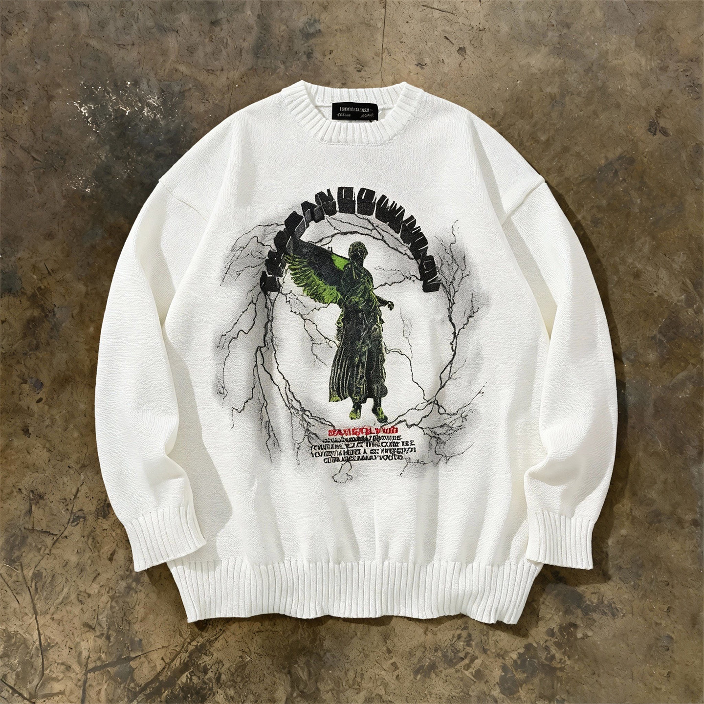 y2k hoodie高街风印花圆领针织衫男女宽松套头毛衣潮牌慵懒风百搭