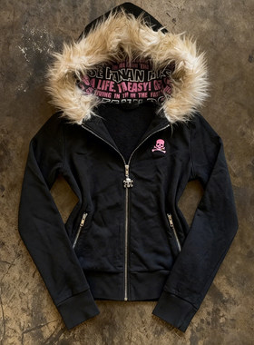y2k hoodie哥特风骷髅毛领连帽开衫卫衣女黑色拉链外套设计感小众