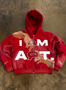 y2k hoodie~美式复古连帽卫衣男女宽松小众字母拉链外套痞帅上衣