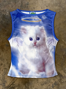 y2k hoodie~千禧辣妹风蓝色猫咪印花背心女修身显瘦无袖上衣内搭